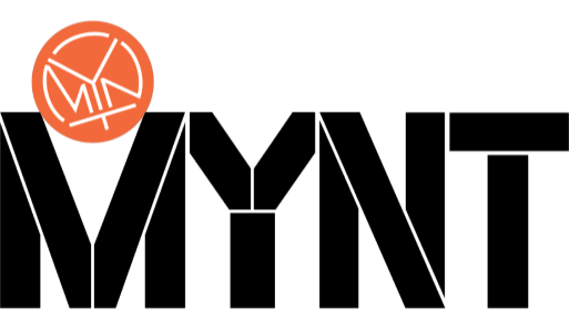 A black logo displaying the word "mynt" in stenciled lettering